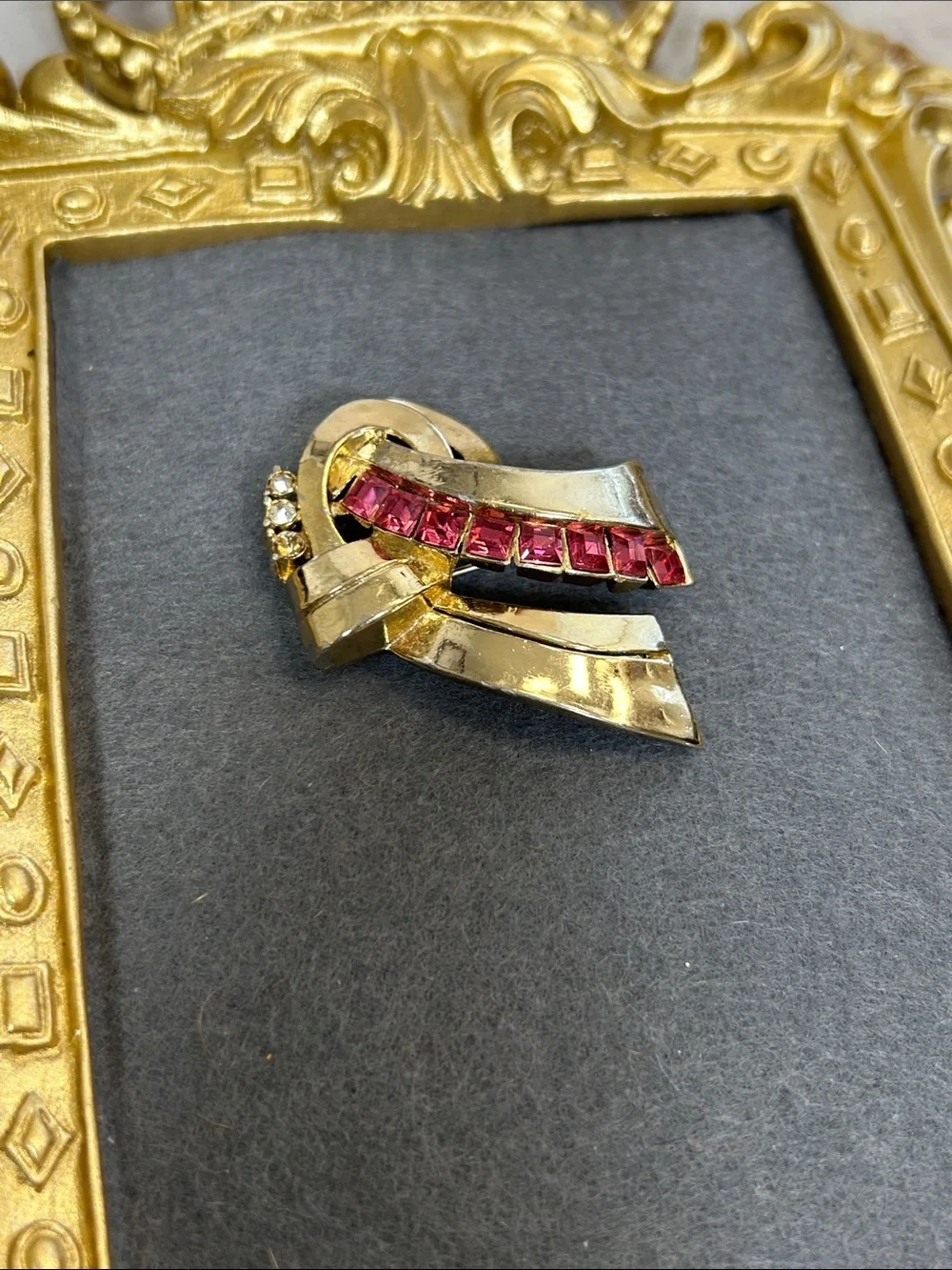Vintage Coro Gold-Tone Ribbon Brooch with Pink Stones and Clear Accents